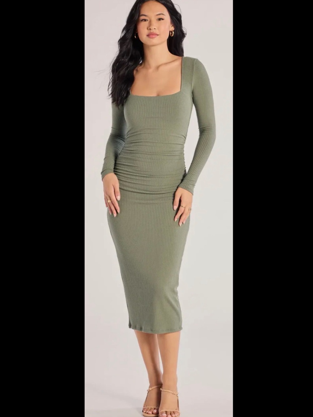 Windsor Long Sleeve Ribbed Square-Neck Midi Dress | M